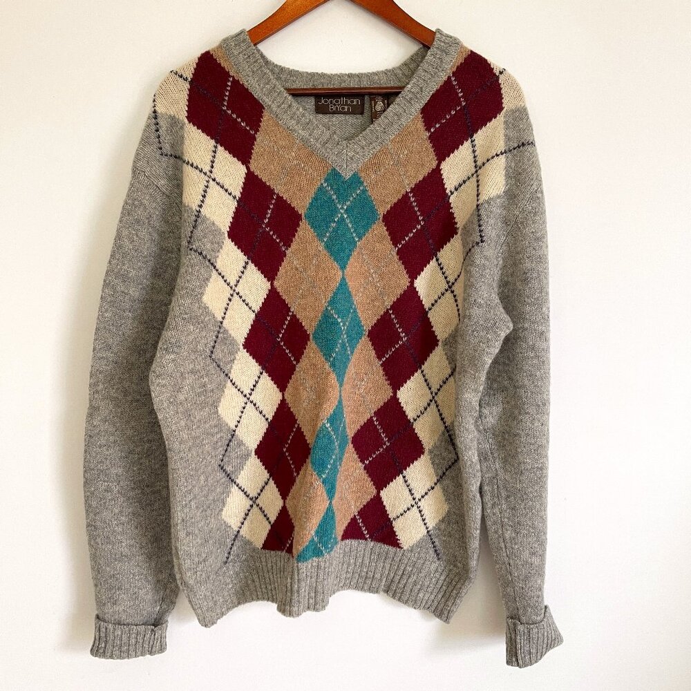 Jonathan Bryan Vintage Men Size XL Grandpa Pure Virgin Wool Argyle Gray Sweater